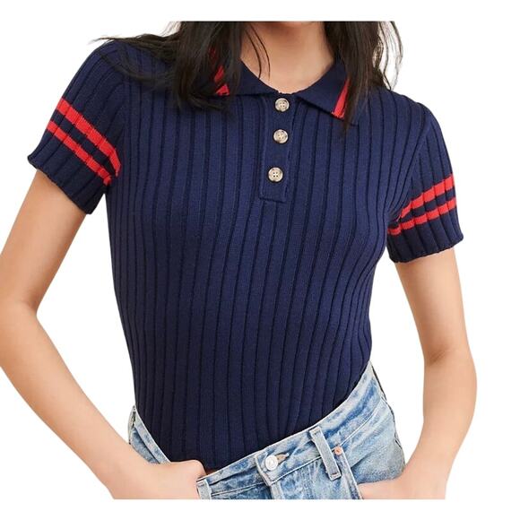 Anthropologie Flat white Polo Knit ribbed sweater preppy sporty academia navy 1X - Picture 1 of 11